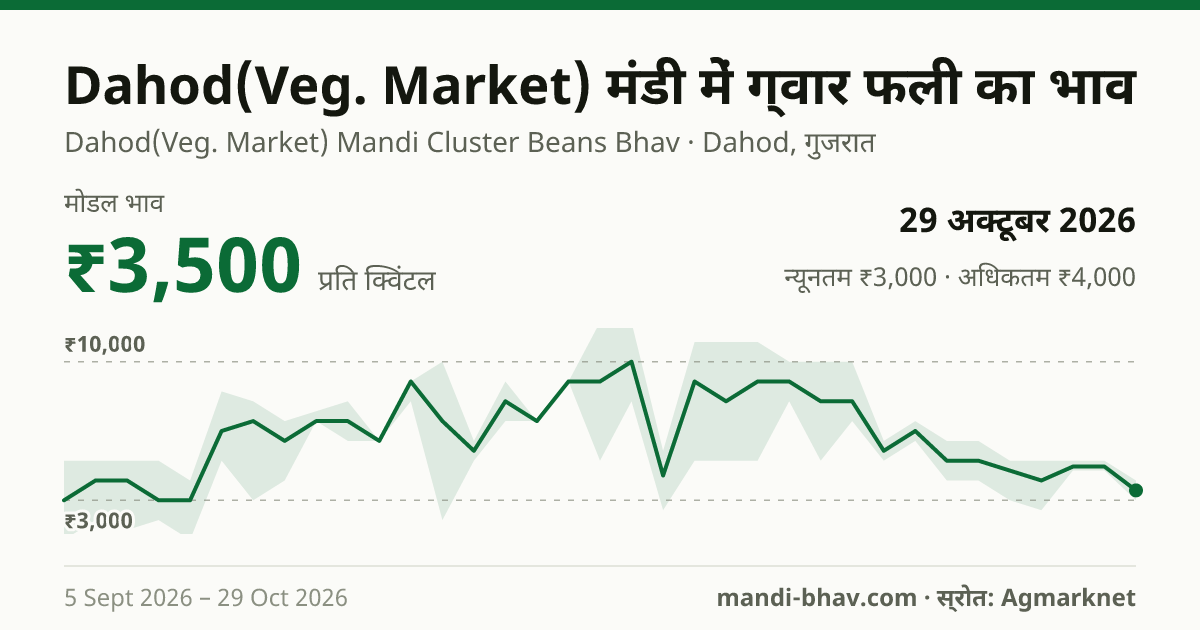 Dahod(Veg. Market) मंडी में ग्वार फली का भाव 29 अक्टूबर 2026: मोडल ₹3,500 प्रति क्विंटल, भाव के रुझान का चार्ट
