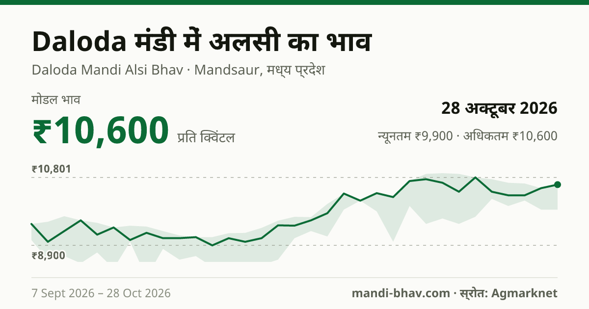 Daloda मंडी में अलसी का भाव 28 अक्टूबर 2026: मोडल ₹10,600 प्रति क्विंटल, भाव के रुझान का चार्ट