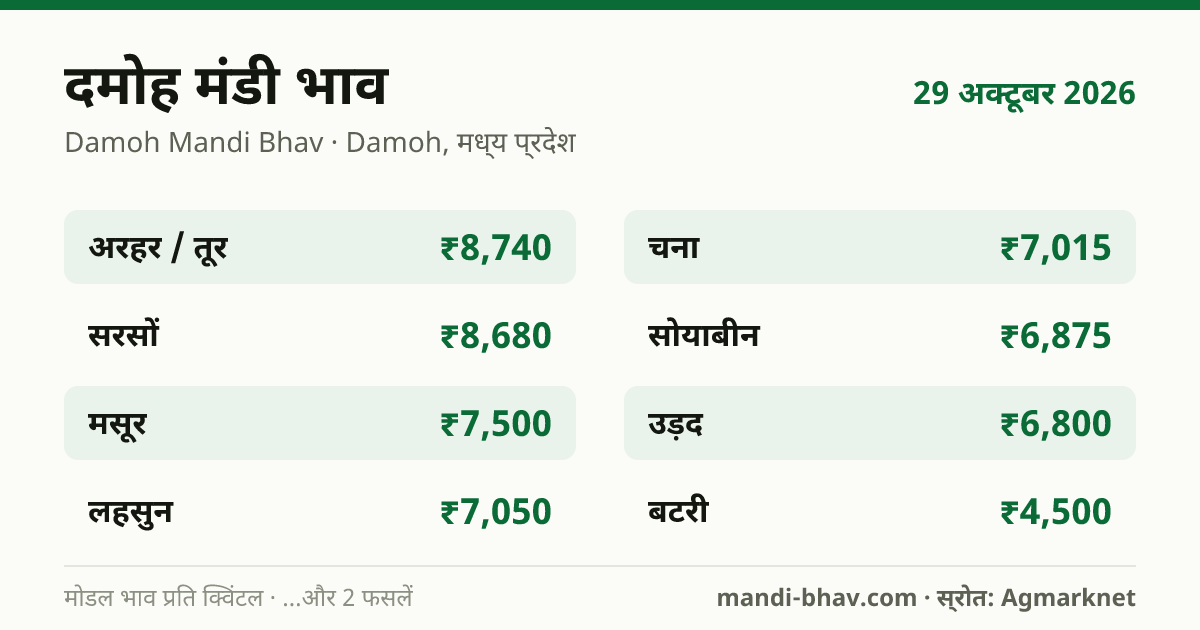 दमोह मंडी भाव 29 अक्टूबर 2026: फसलवार मोडल रेट प्रति क्विंटल