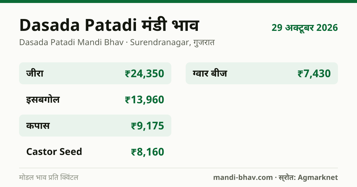 Dasada Patadi मंडी भाव 29 अक्टूबर 2026: फसलवार मोडल रेट प्रति क्विंटल