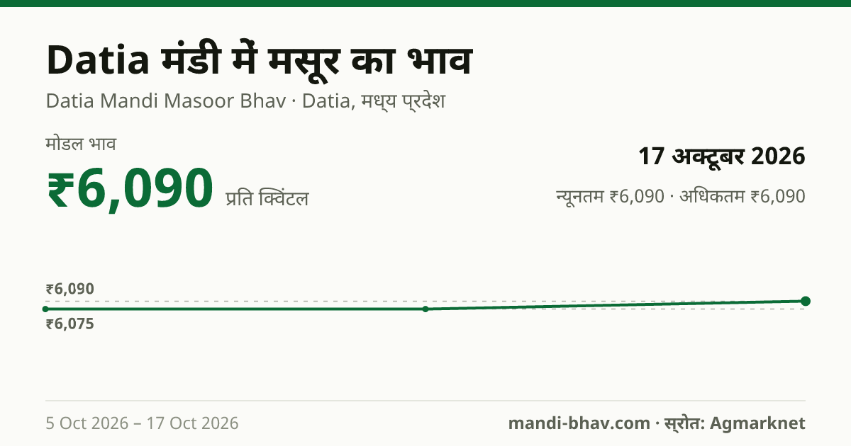 Datia मंडी में मसूर का भाव 17 अक्टूबर 2026: मोडल ₹6,090 प्रति क्विंटल, भाव के रुझान का चार्ट