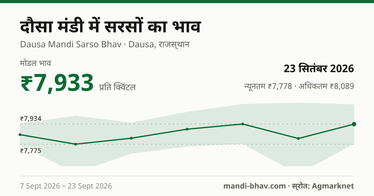 दौसा मंडी में सरसों का भाव 23 सितंबर 2026: मोडल ₹7,933 प्रति क्विंटल, भाव के रुझान का चार्ट