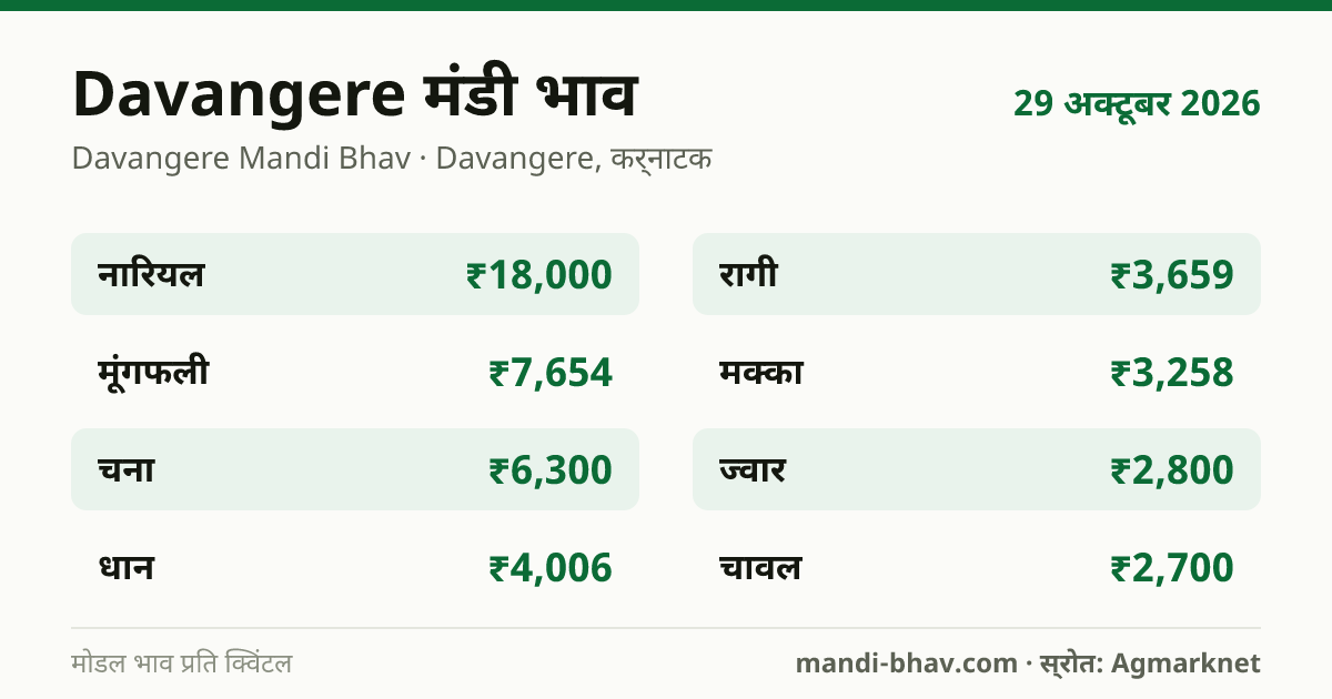 Davangere मंडी भाव 29 अक्टूबर 2026: फसलवार मोडल रेट प्रति क्विंटल