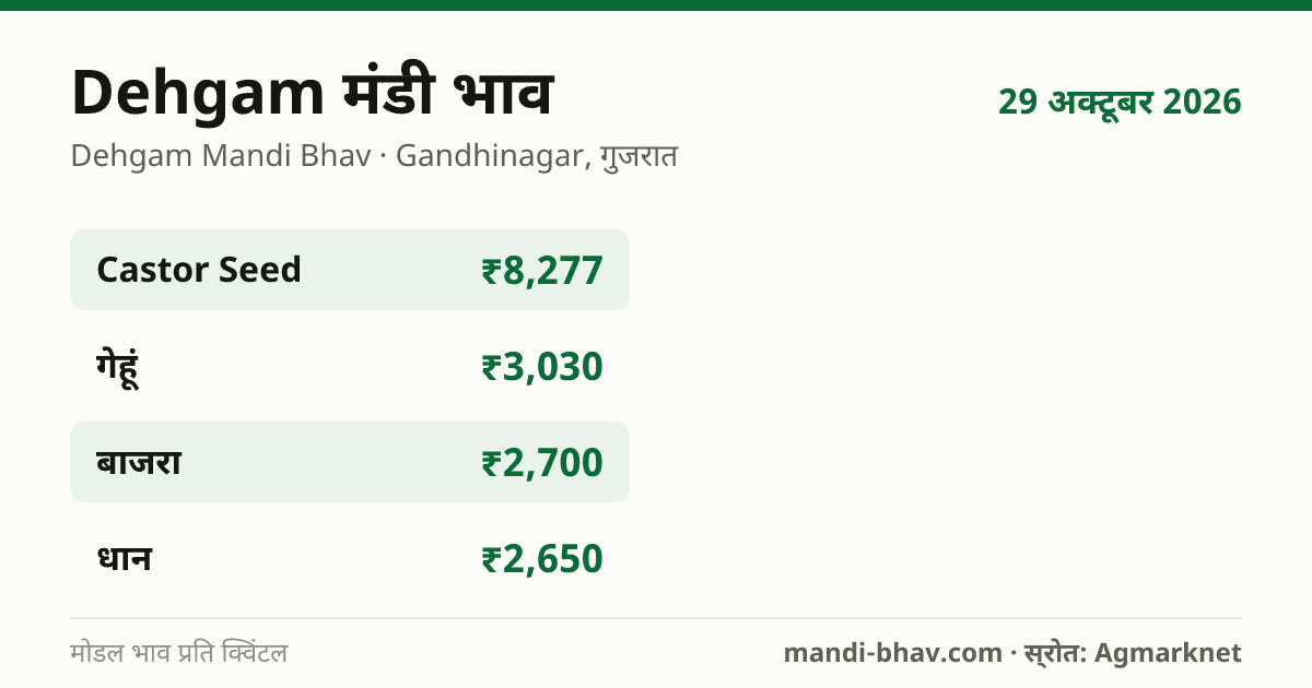 Dehgam मंडी भाव 29 अक्टूबर 2026: फसलवार मोडल रेट प्रति क्विंटल