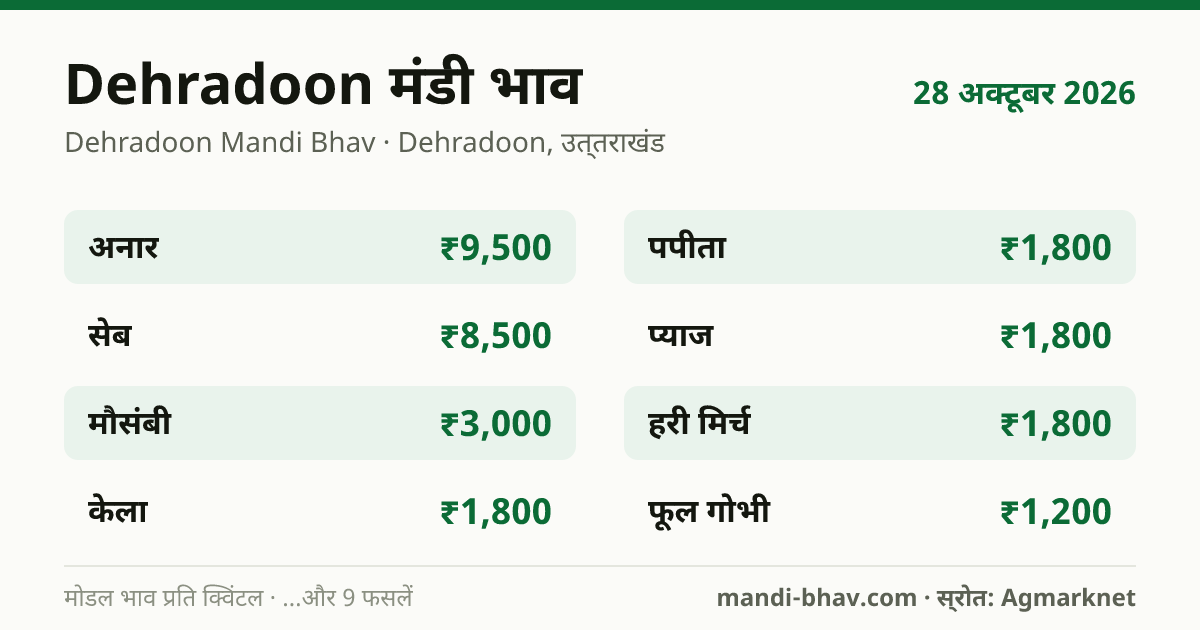 Dehradoon मंडी भाव 28 अक्टूबर 2026: फसलवार मोडल रेट प्रति क्विंटल