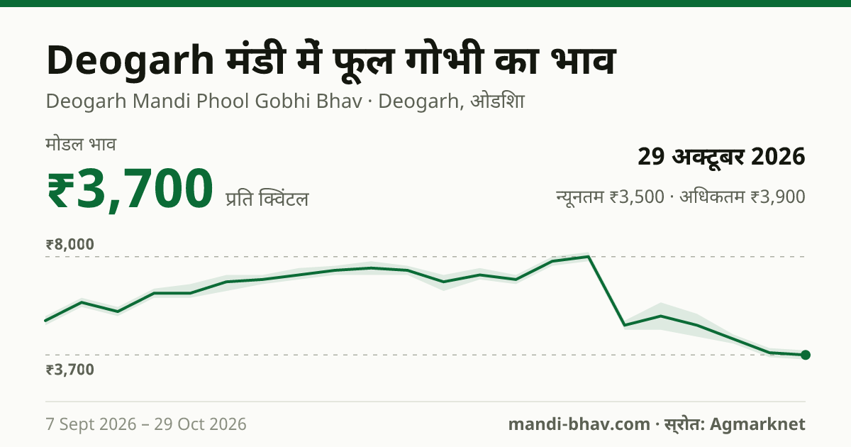 Deogarh मंडी में फूल गोभी का भाव 29 अक्टूबर 2026: मोडल ₹3,700 प्रति क्विंटल, भाव के रुझान का चार्ट
