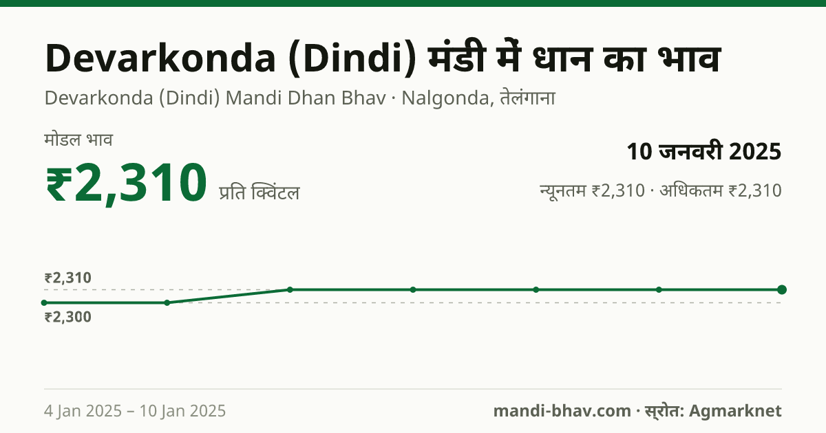 Devarkonda (Dindi) मंडी में धान का भाव 10 जनवरी 2025: मोडल ₹2,310 प्रति क्विंटल, भाव के रुझान का चार्ट
