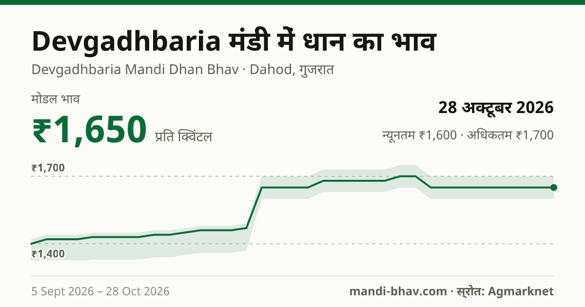 Devgadhbaria मंडी में धान का भाव 28 अक्टूबर 2026: मोडल ₹1,650 प्रति क्विंटल, भाव के रुझान का चार्ट