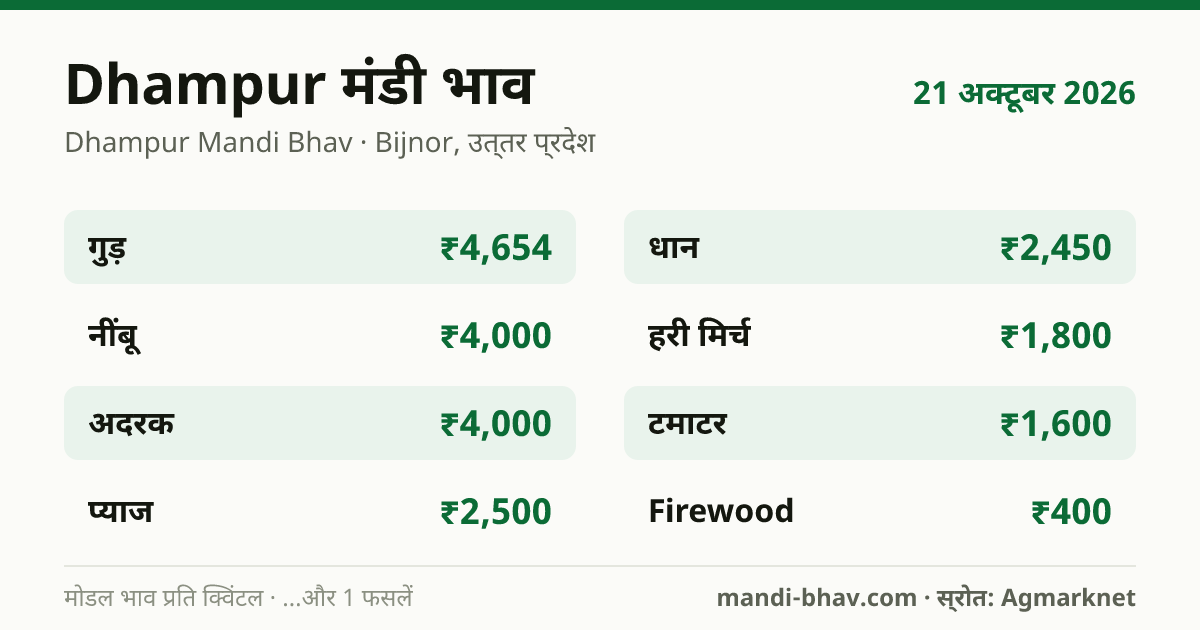 Dhampur मंडी भाव 21 अक्टूबर 2026: फसलवार मोडल रेट प्रति क्विंटल