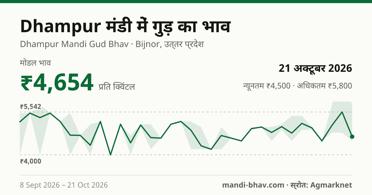 Dhampur मंडी में गुड़ का भाव 21 अक्टूबर 2026: मोडल ₹4,654 प्रति क्विंटल, भाव के रुझान का चार्ट
