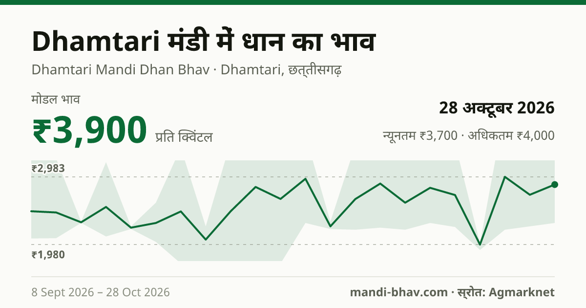 Dhamtari मंडी में धान का भाव 28 अक्टूबर 2026: मोडल ₹3,900 प्रति क्विंटल, भाव के रुझान का चार्ट