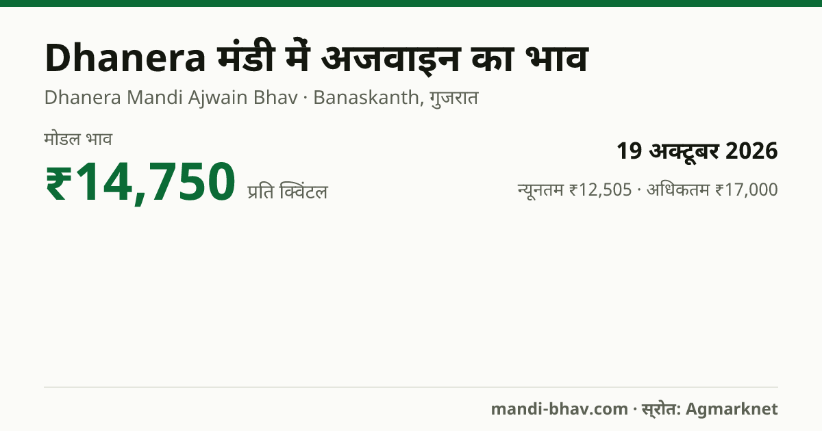 Dhanera मंडी में अजवाइन का भाव 19 अक्टूबर 2026: मोडल ₹14,750 प्रति क्विंटल, भाव के रुझान का चार्ट