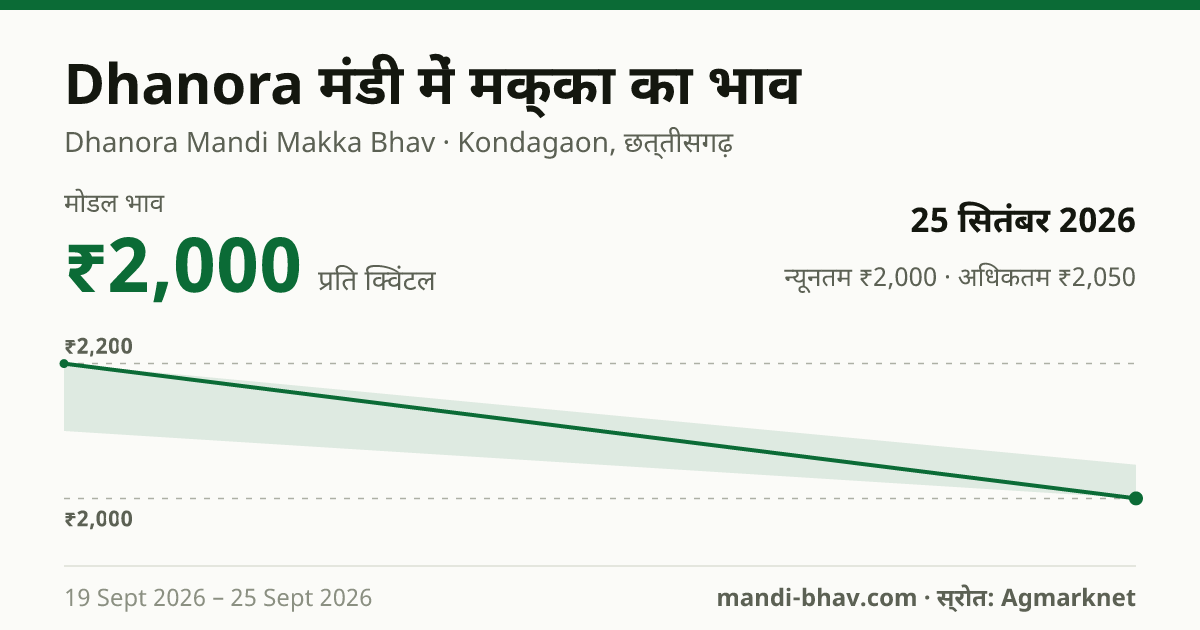 Dhanora मंडी में मक्का का भाव 25 सितंबर 2026: मोडल ₹2,000 प्रति क्विंटल, भाव के रुझान का चार्ट