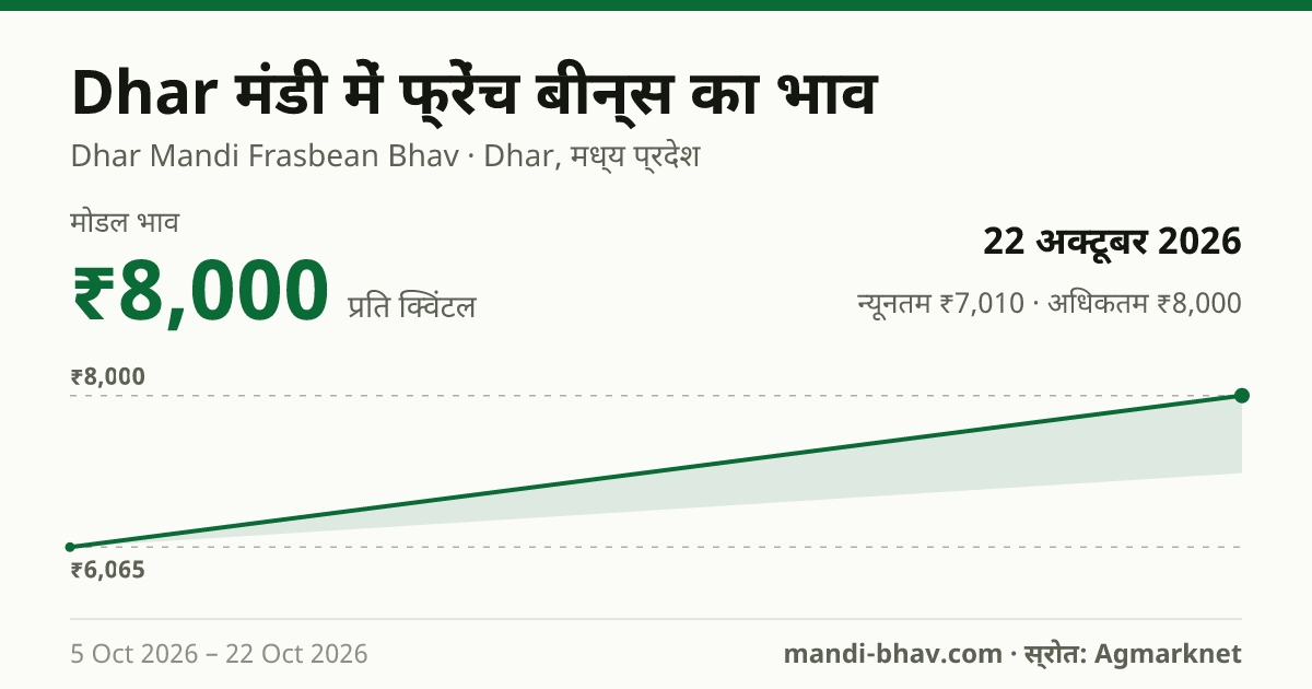 Dhar मंडी में फ्रेंच बीन्स का भाव 22 अक्टूबर 2026: मोडल ₹8,000 प्रति क्विंटल, भाव के रुझान का चार्ट