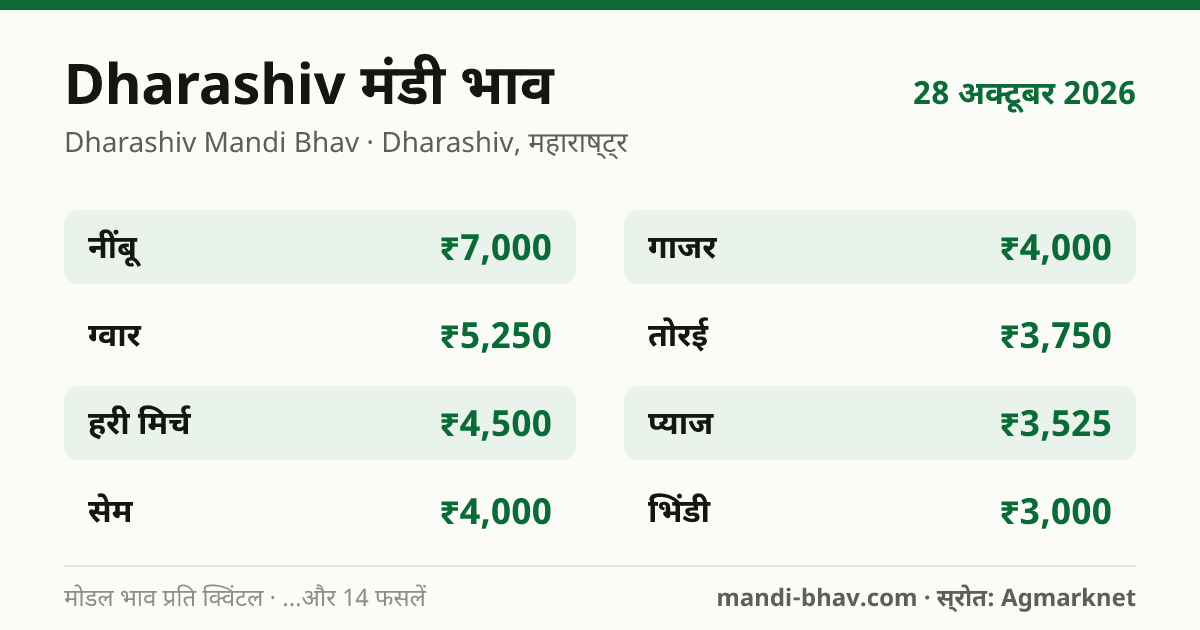 Dharashiv मंडी भाव 28 अक्टूबर 2026: फसलवार मोडल रेट प्रति क्विंटल