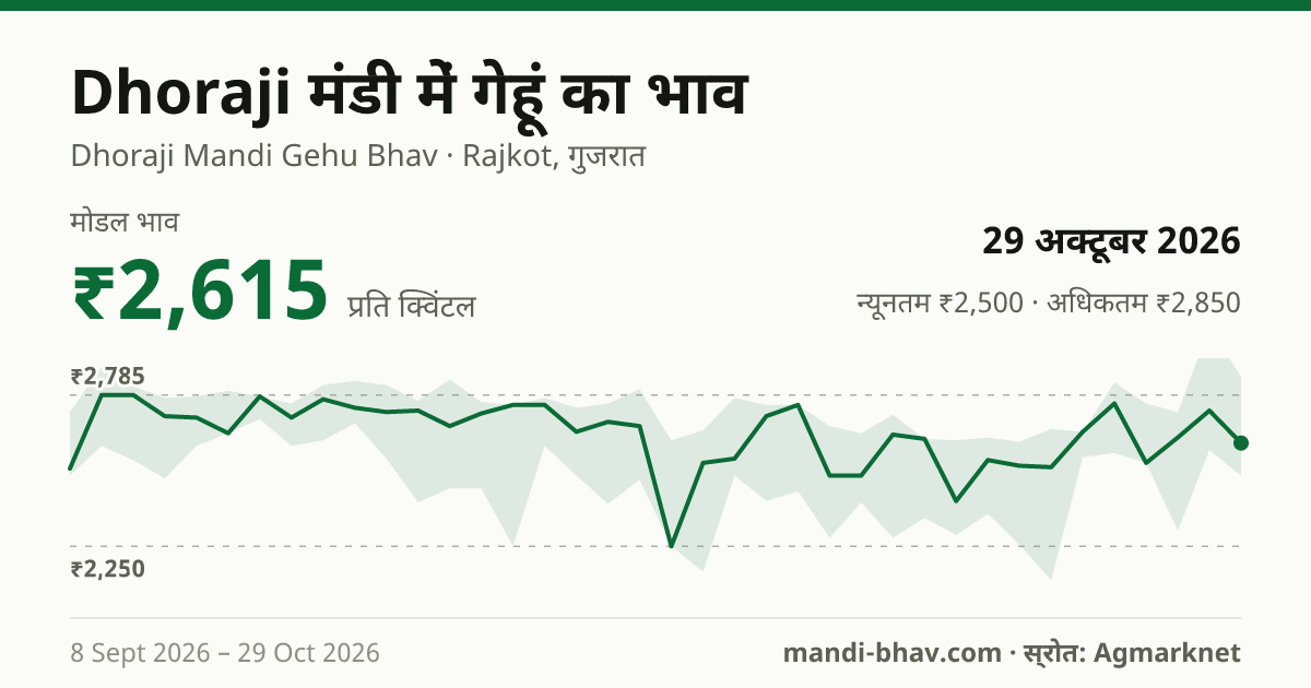 Dhoraji मंडी में गेहूं का भाव 29 अक्टूबर 2026: मोडल ₹2,615 प्रति क्विंटल, भाव के रुझान का चार्ट