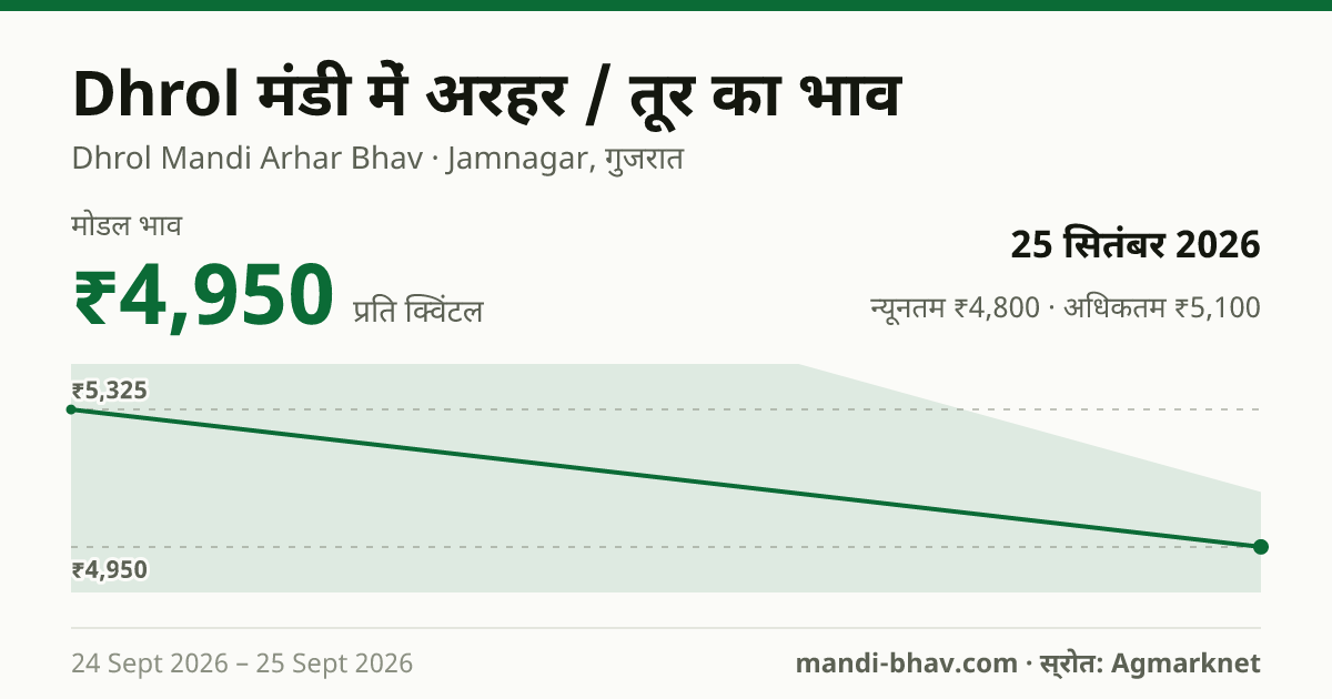 Dhrol मंडी में अरहर / तूर का भाव 25 सितंबर 2026: मोडल ₹4,950 प्रति क्विंटल, भाव के रुझान का चार्ट