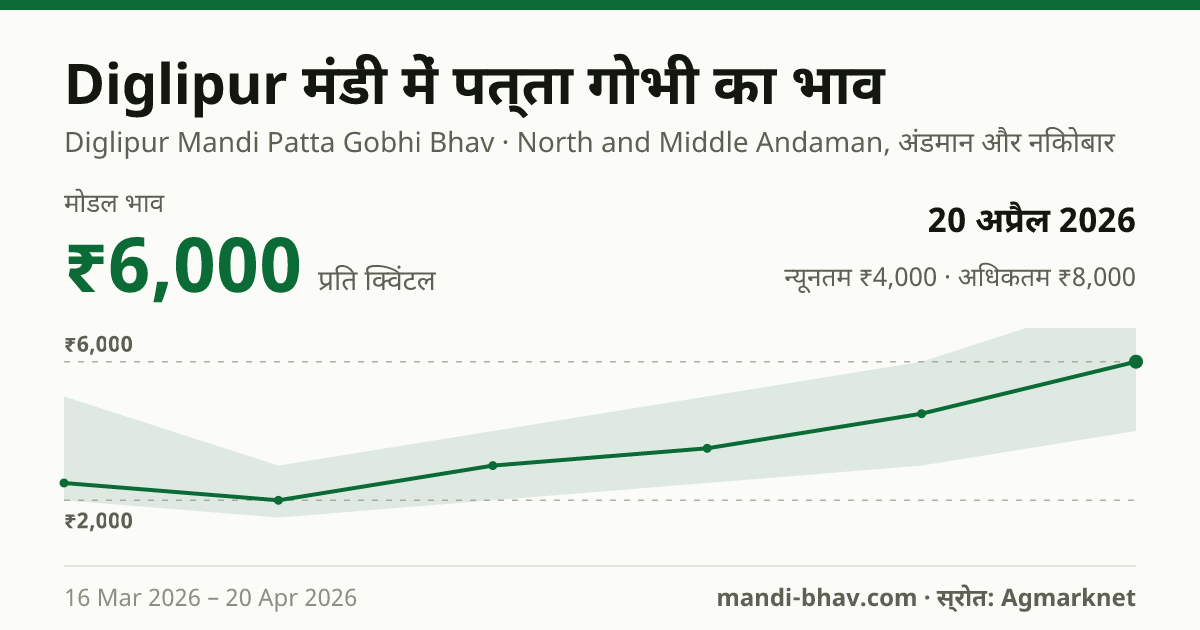 Diglipur मंडी में पत्ता गोभी का भाव 20 अप्रैल 2026: मोडल ₹6,000 प्रति क्विंटल, भाव के रुझान का चार्ट