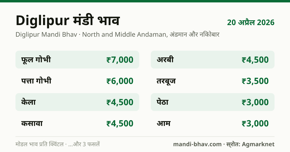 Diglipur मंडी भाव 20 अप्रैल 2026: फसलवार मोडल रेट प्रति क्विंटल
