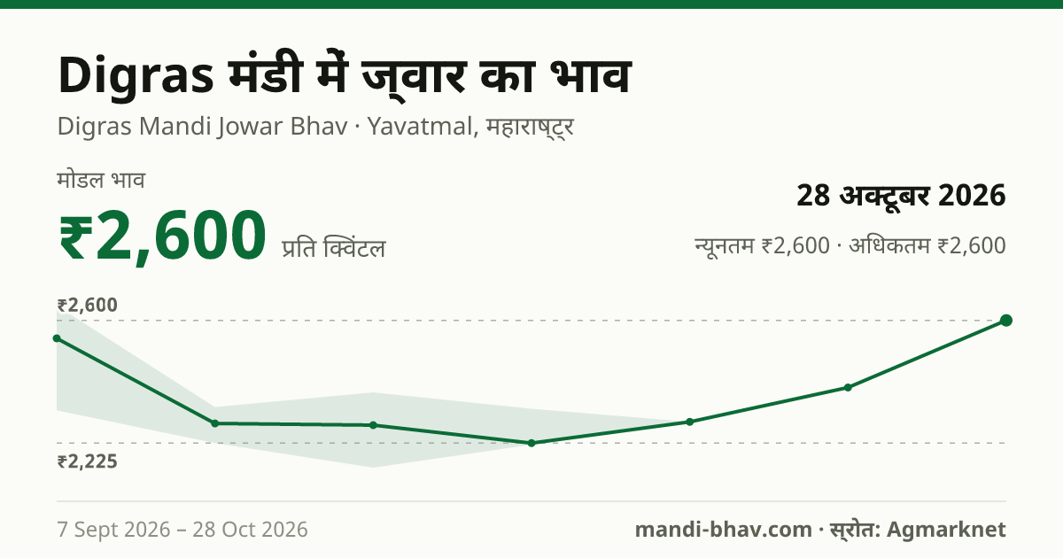 Digras मंडी में ज्वार का भाव 28 अक्टूबर 2026: मोडल ₹2,600 प्रति क्विंटल, भाव के रुझान का चार्ट