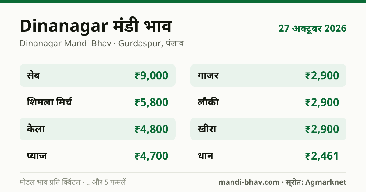 Dinanagar मंडी भाव 27 अक्टूबर 2026: फसलवार मोडल रेट प्रति क्विंटल
