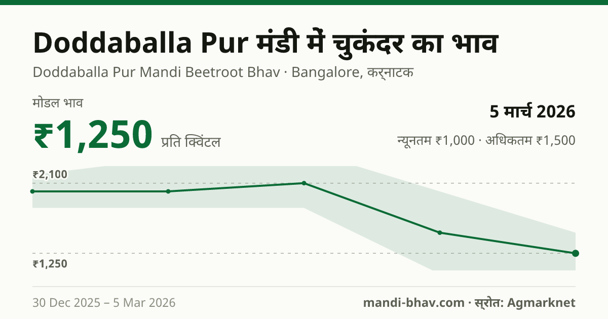 Doddaballa Pur मंडी में चुकंदर का भाव 5 मार्च 2026: मोडल ₹1,250 प्रति क्विंटल, भाव के रुझान का चार्ट