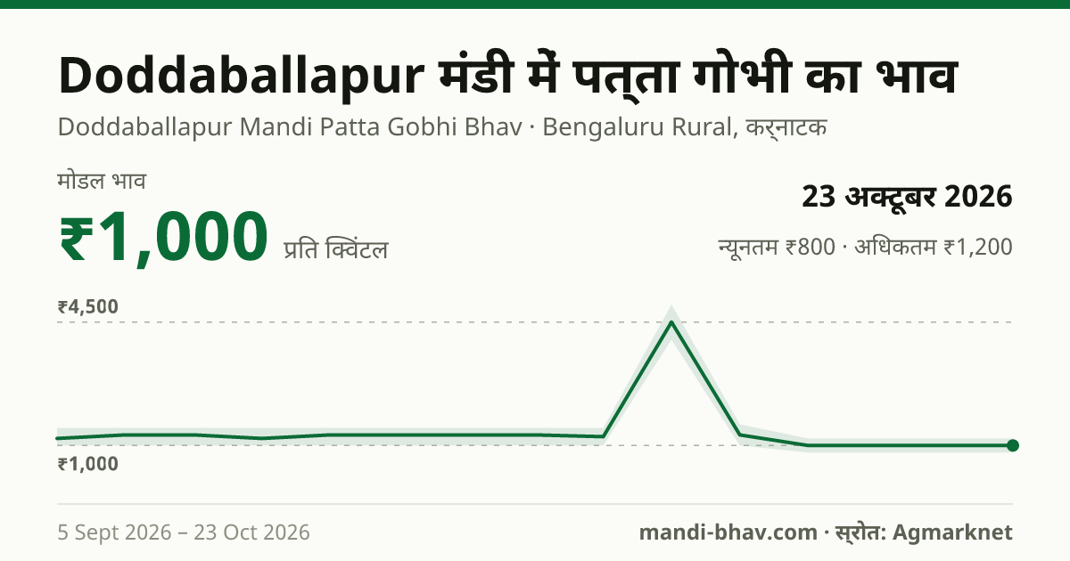 Doddaballapur मंडी में पत्ता गोभी का भाव 23 अक्टूबर 2026: मोडल ₹1,000 प्रति क्विंटल, भाव के रुझान का चार्ट
