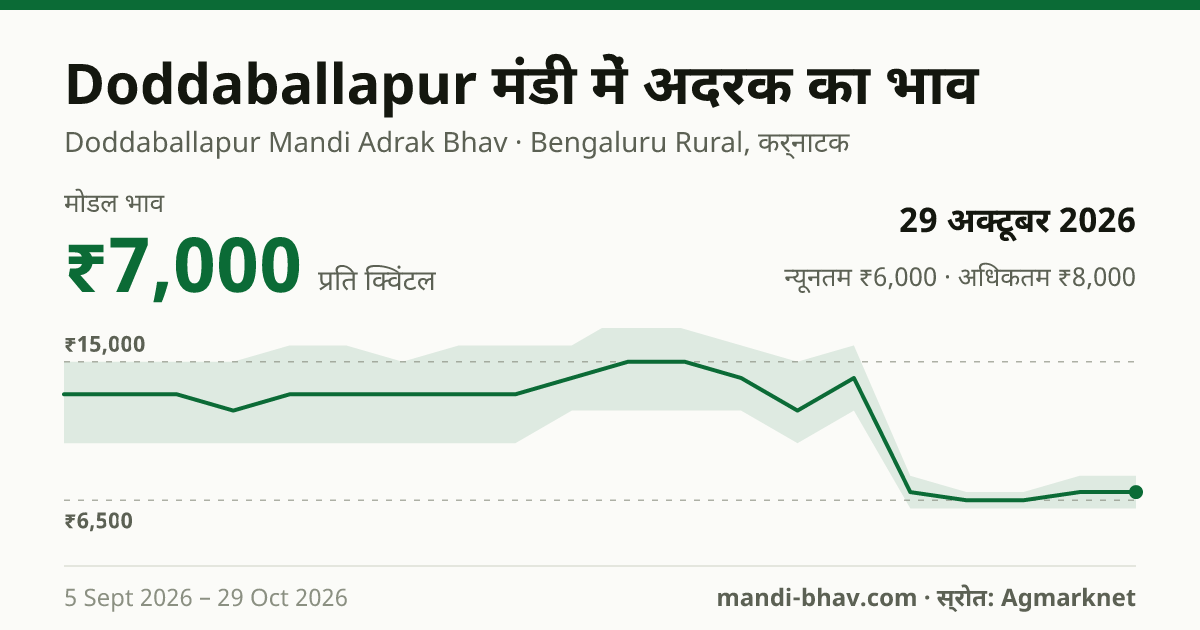 Doddaballapur मंडी में अदरक का भाव 29 अक्टूबर 2026: मोडल ₹7,000 प्रति क्विंटल, भाव के रुझान का चार्ट