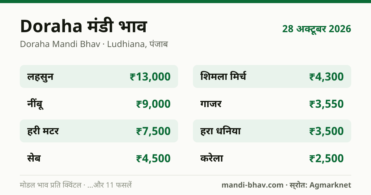 Doraha मंडी भाव 28 अक्टूबर 2026: फसलवार मोडल रेट प्रति क्विंटल