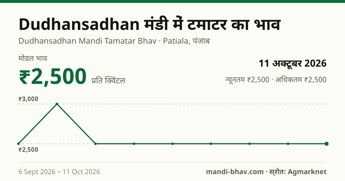 Dudhansadhan मंडी में टमाटर का भाव 11 अक्टूबर 2026: मोडल ₹2,500 प्रति क्विंटल, भाव के रुझान का चार्ट