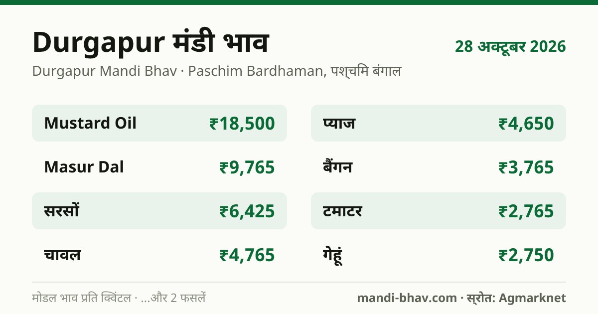 Durgapur मंडी भाव 28 अक्टूबर 2026: फसलवार मोडल रेट प्रति क्विंटल