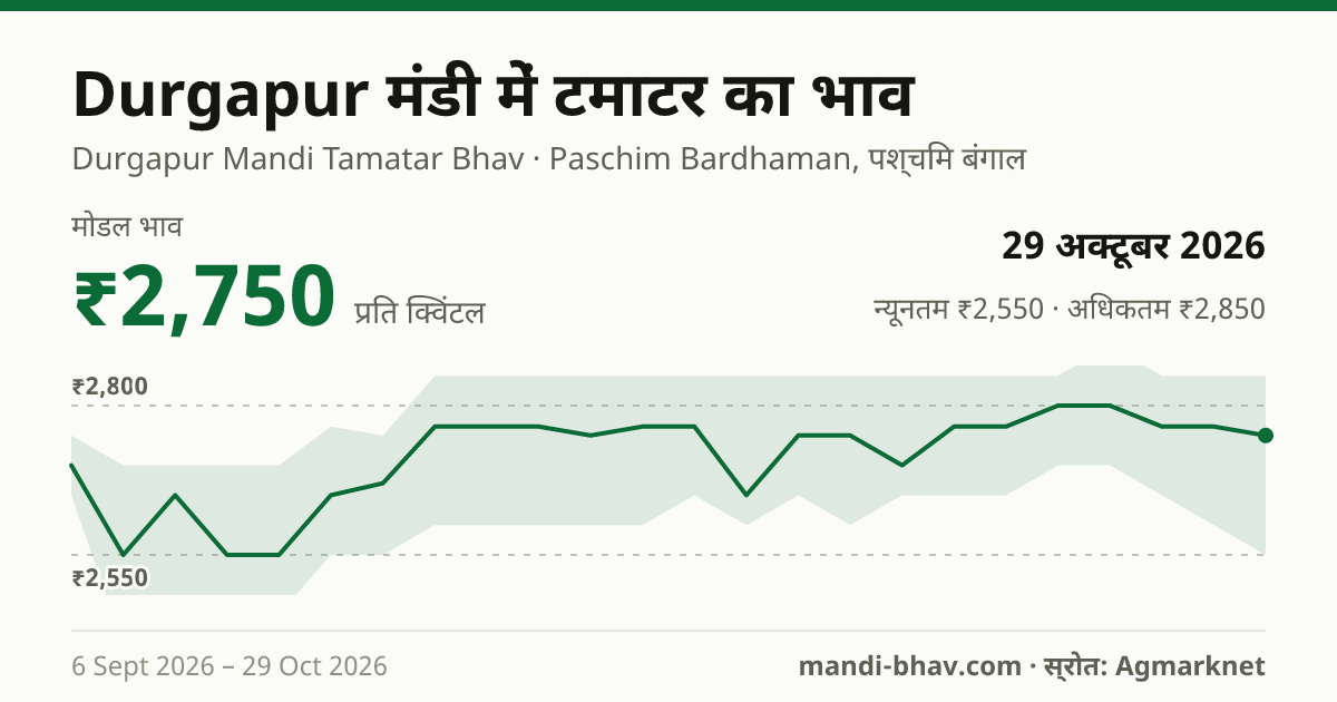 Durgapur मंडी में टमाटर का भाव 29 अक्टूबर 2026: मोडल ₹2,750 प्रति क्विंटल, भाव के रुझान का चार्ट
