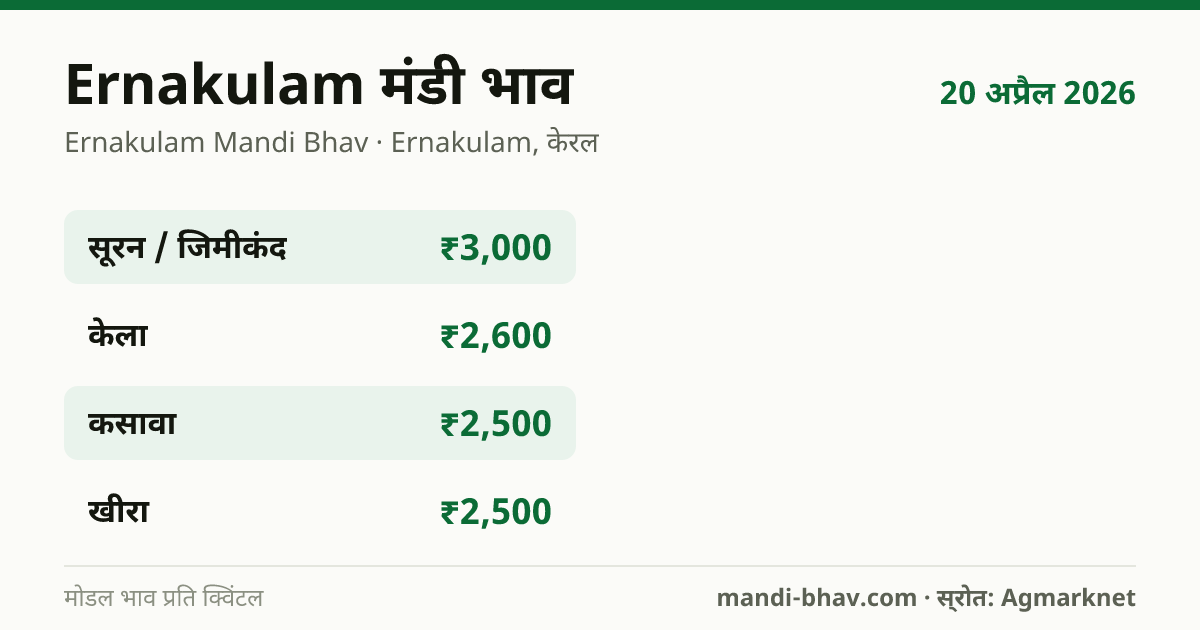 Ernakulam मंडी भाव 20 अप्रैल 2026: फसलवार मोडल रेट प्रति क्विंटल