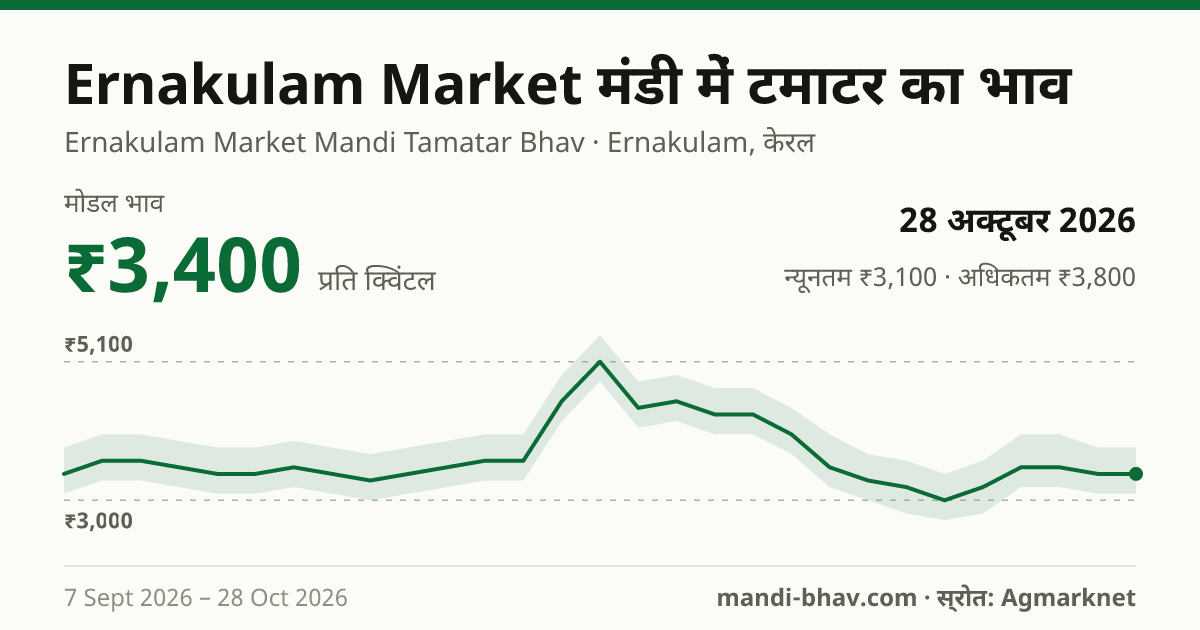 Ernakulam Market मंडी में टमाटर का भाव 28 अक्टूबर 2026: मोडल ₹3,400 प्रति क्विंटल, भाव के रुझान का चार्ट