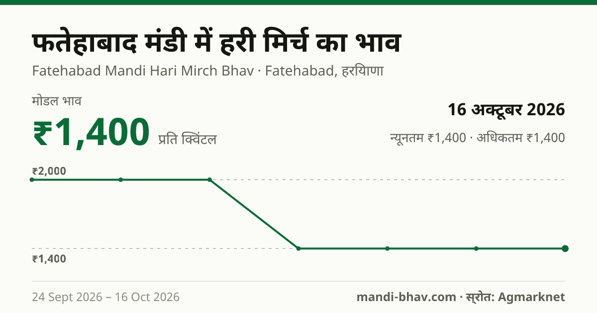 फतेहाबाद मंडी में हरी मिर्च का भाव 16 अक्टूबर 2026: मोडल ₹1,400 प्रति क्विंटल, भाव के रुझान का चार्ट