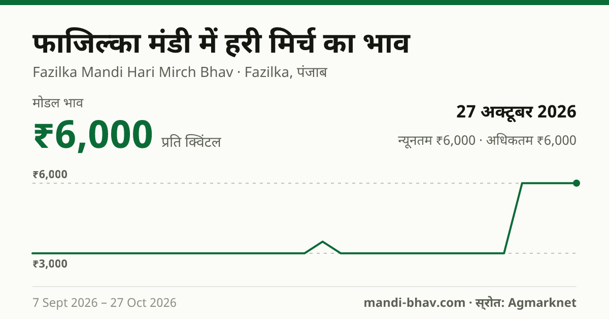 फाजिल्का मंडी में हरी मिर्च का भाव 27 अक्टूबर 2026: मोडल ₹6,000 प्रति क्विंटल, भाव के रुझान का चार्ट