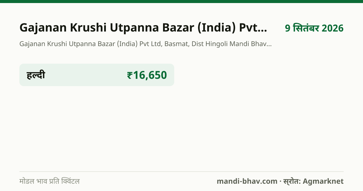 Gajanan Krushi Utpanna Bazar (India) Pvt Ltd, Basmat, Dist Hingoli मंडी भाव 9 सितंबर 2026: फसलवार मोडल रेट प्रति क्विंटल