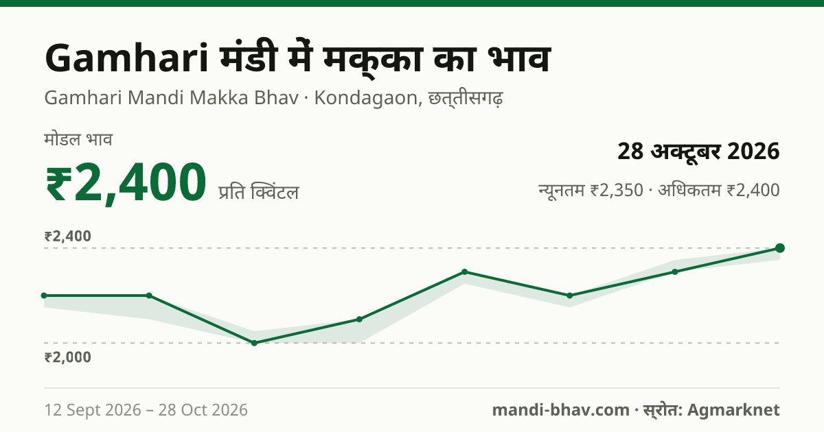 Gamhari मंडी में मक्का का भाव 28 अक्टूबर 2026: मोडल ₹2,400 प्रति क्विंटल, भाव के रुझान का चार्ट