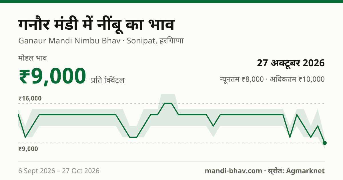 गनौर मंडी में नींबू का भाव 27 अक्टूबर 2026: मोडल ₹9,000 प्रति क्विंटल, भाव के रुझान का चार्ट