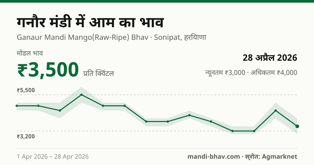 गनौर मंडी में आम का भाव 28 अप्रैल 2026: मोडल ₹3,500 प्रति क्विंटल, भाव के रुझान का चार्ट