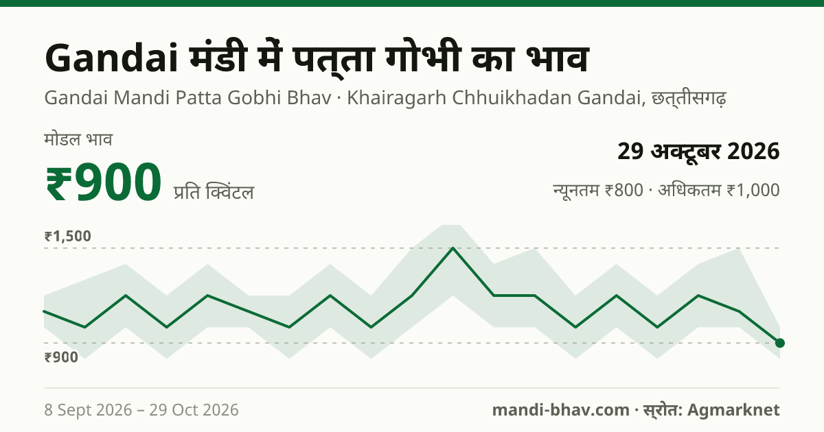 Gandai मंडी में पत्ता गोभी का भाव 29 अक्टूबर 2026: मोडल ₹900 प्रति क्विंटल, भाव के रुझान का चार्ट