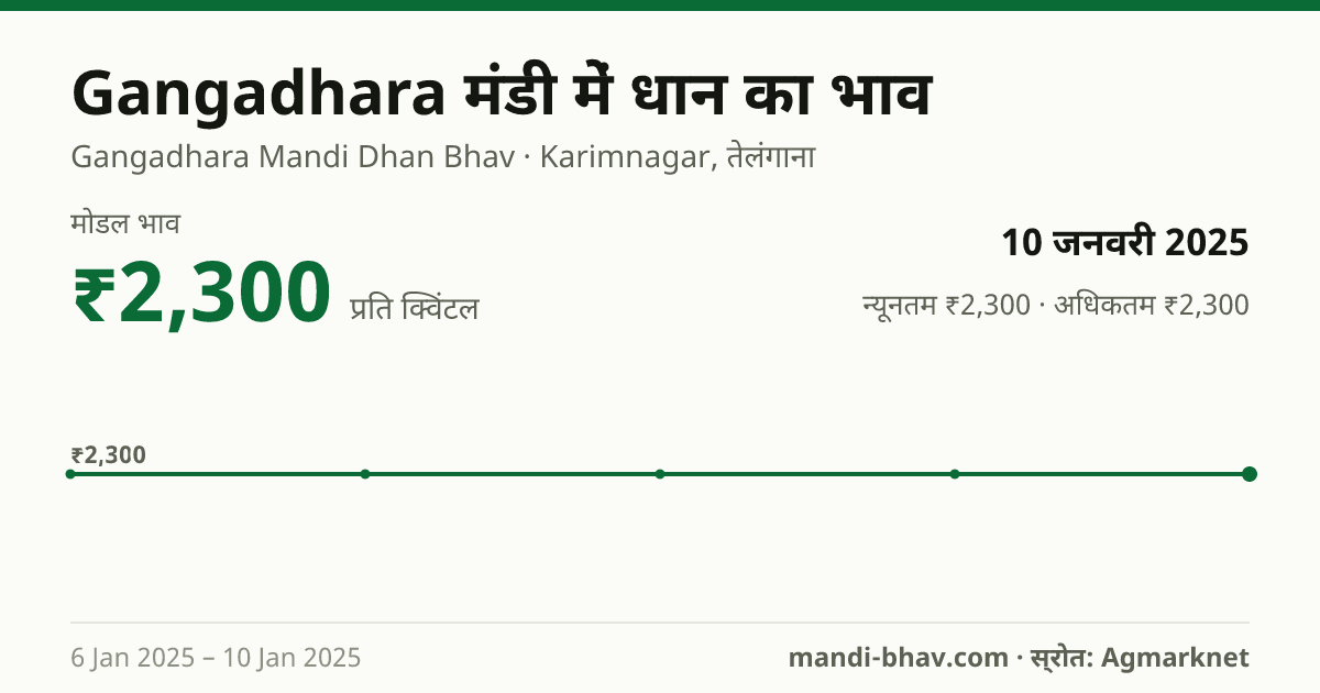 Gangadhara मंडी में धान का भाव 10 जनवरी 2025: मोडल ₹2,300 प्रति क्विंटल, भाव के रुझान का चार्ट