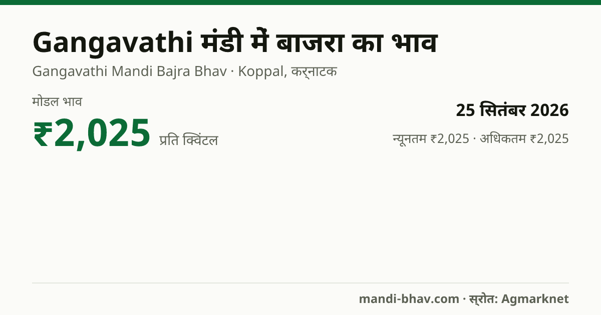 Gangavathi मंडी में बाजरा का भाव 25 सितंबर 2026: मोडल ₹2,025 प्रति क्विंटल, भाव के रुझान का चार्ट