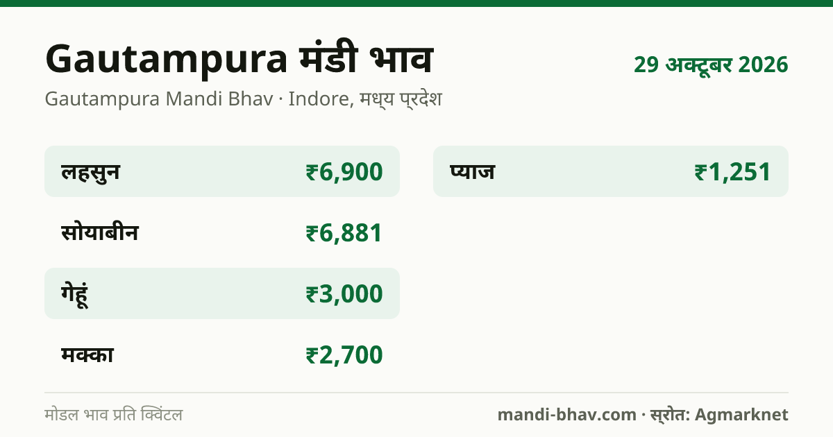 Gautampura मंडी भाव 29 अक्टूबर 2026: फसलवार मोडल रेट प्रति क्विंटल