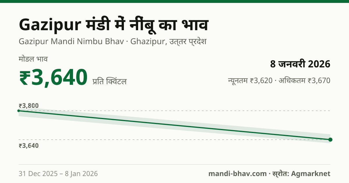 Gazipur मंडी में नींबू का भाव 8 जनवरी 2026: मोडल ₹3,640 प्रति क्विंटल, भाव के रुझान का चार्ट
