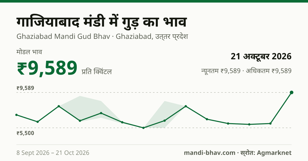 गाजियाबाद मंडी में गुड़ का भाव 21 अक्टूबर 2026: मोडल ₹9,589 प्रति क्विंटल, भाव के रुझान का चार्ट