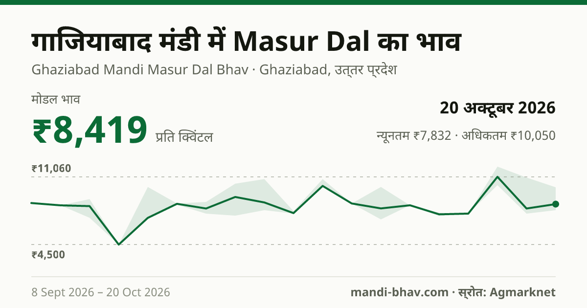 गाजियाबाद मंडी में Masur Dal का भाव 20 अक्टूबर 2026: मोडल ₹8,419 प्रति क्विंटल, भाव के रुझान का चार्ट