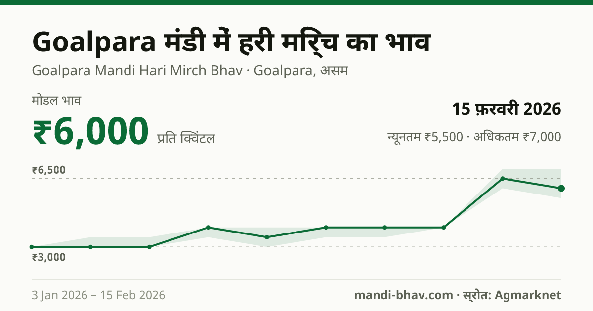 Goalpara मंडी में हरी मिर्च का भाव 15 फ़रवरी 2026: मोडल ₹6,000 प्रति क्विंटल, भाव के रुझान का चार्ट