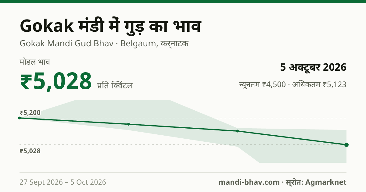 Gokak मंडी में गुड़ का भाव 5 अक्टूबर 2026: मोडल ₹5,028 प्रति क्विंटल, भाव के रुझान का चार्ट