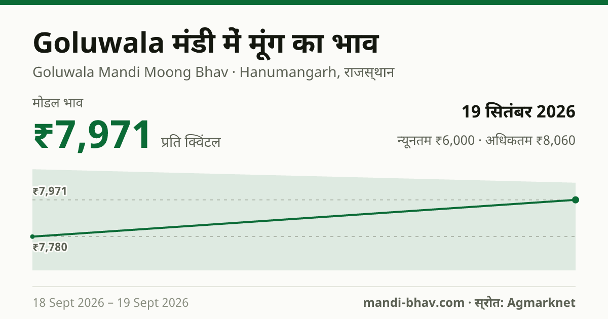 Goluwala मंडी में मूंग का भाव 19 सितंबर 2026: मोडल ₹7,971 प्रति क्विंटल, भाव के रुझान का चार्ट